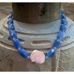 Sterling Silver, Pearl and Blue Chalcedony Necklace Vintage